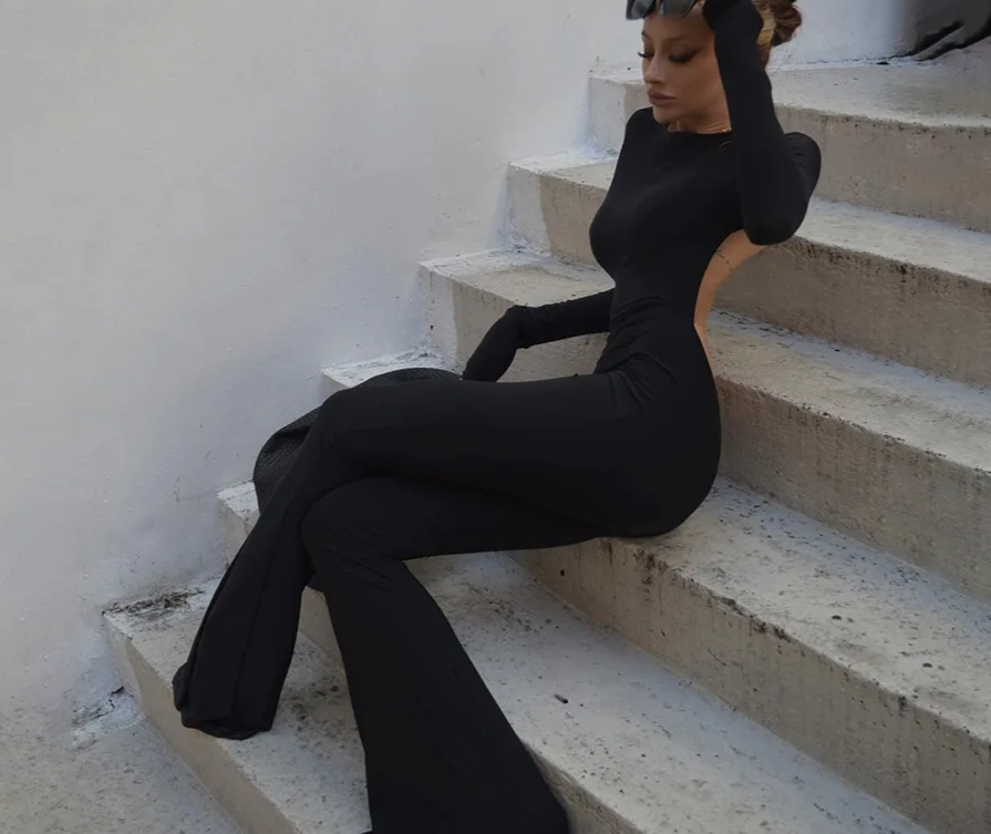 Cutenew Solid Black Sexy Backless Bodycon Wide Leg Jumpsuit Women Autumn Casual Slim Long Sleeve