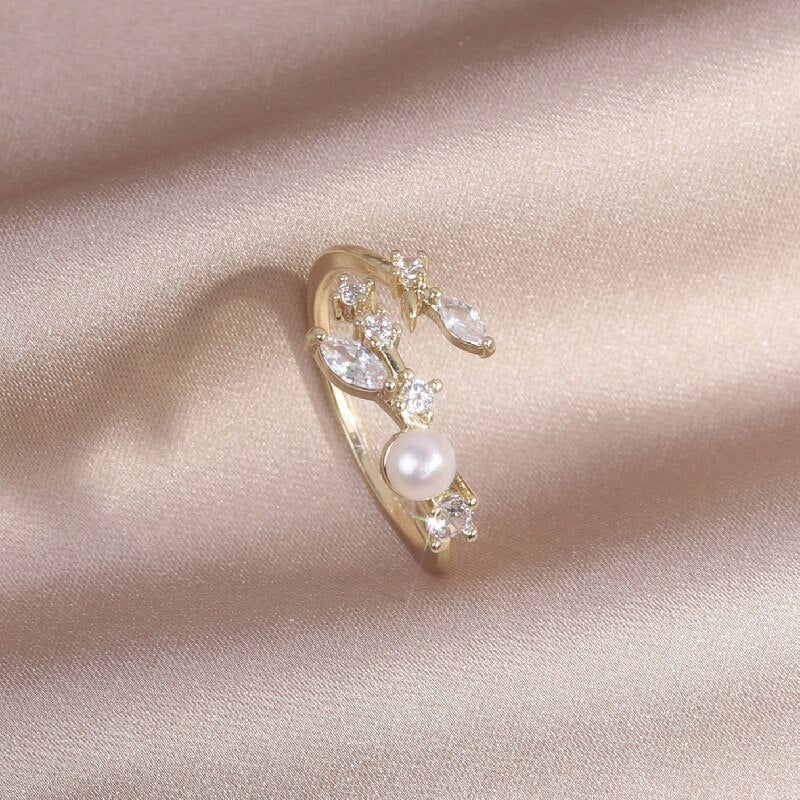 14K Gold Plating Leaf Freshwater Pearl Ring, Adjustable Ring