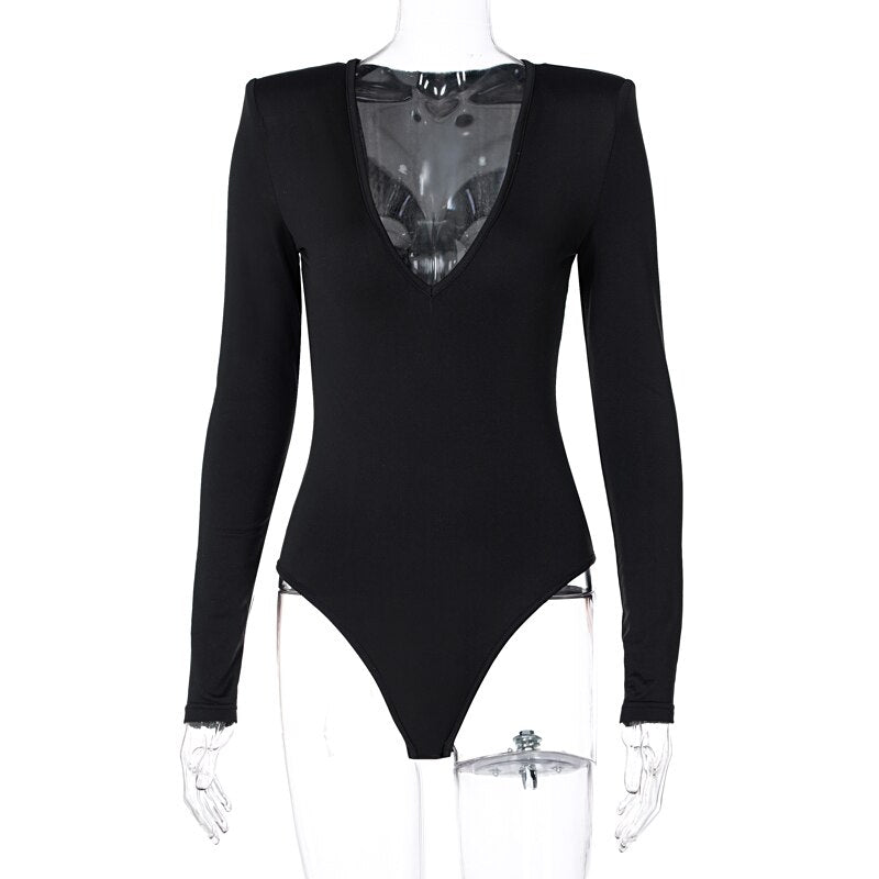 2023 Long Sleeve Solid V-Neck Shoulder  Pads Skinny Bodysuit