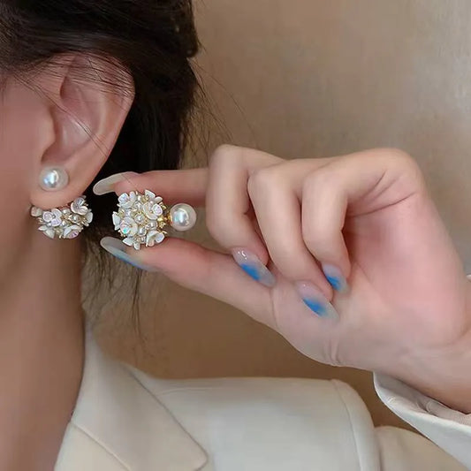 White Shell Flower Pearl Stud Earrings For Women Ball Double Side Elegant Earrings set Exquisite Vintage Fashion Jewelry