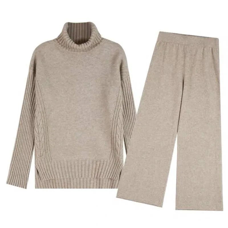 Autumn Winter 2 Pieces Women Sets Knitted Tracksuit 2023 New Turtleneck Sweater and Wide Leg Jogging Pant Pullover Suits