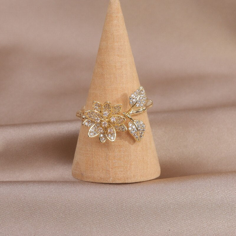 14K Real Gold Plated Exquisite Leaf Flower, Opening Adjustable Ring