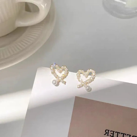 Cute Crystal Pearl Love Heart Stud Earrings