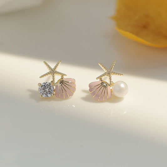 Starfish Shell Stud Earrings, Small Cute Earrings with Imitation Pearl
