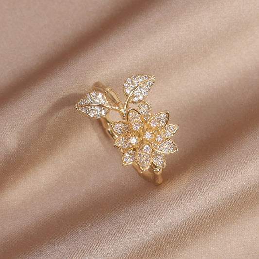 14K Real Gold Plated Exquisite Leaf Flower, Opening Adjustable Ring